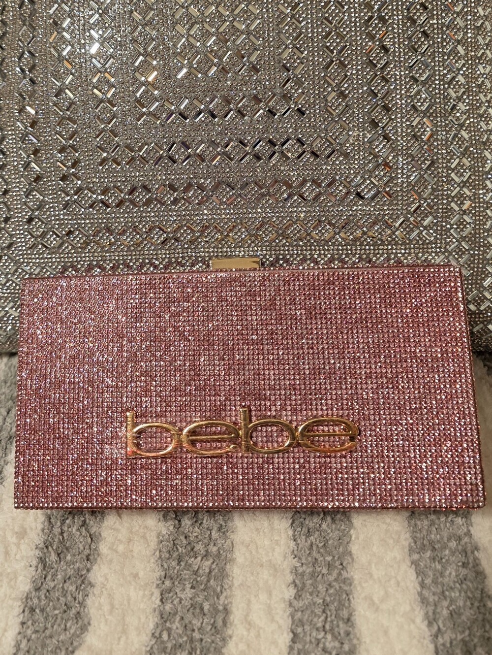 Bebe NWT Pink Glitter Logo Wristlet Clutch with Gold Hardware MSRP$89